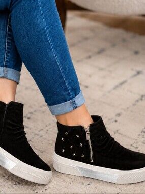NEW Women's Black Suede High-Top Zip Sneakers with Stud Detail